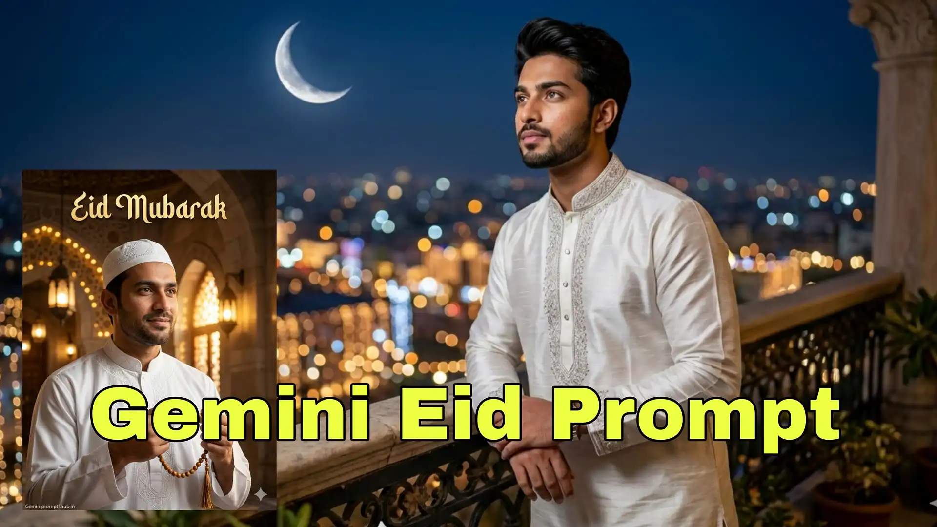 Eid Mubarak Gemini Photo Editing Prompt example showing AI generated Eid portrait with mosque background and lantern lights