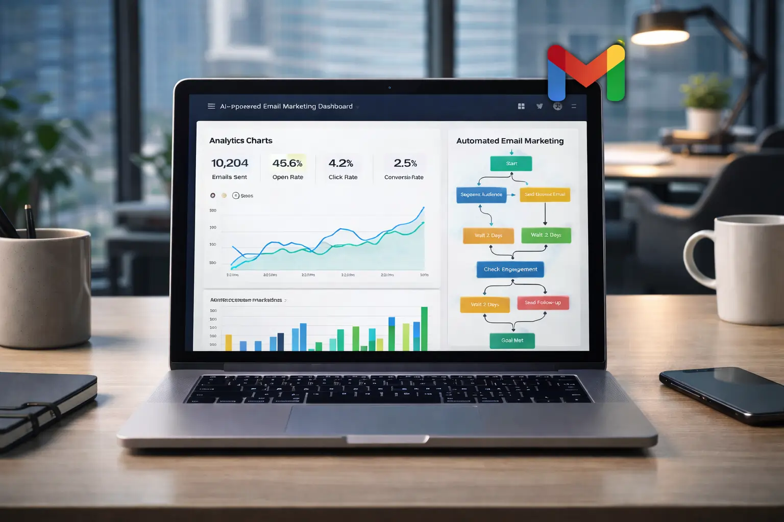 Free AI tools for email marketing 2026 dashboard showing automated campaigns and analytics