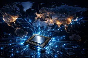 Global microchip production map showing top semiconductor countries in 2026 with glowing chip technology overlay