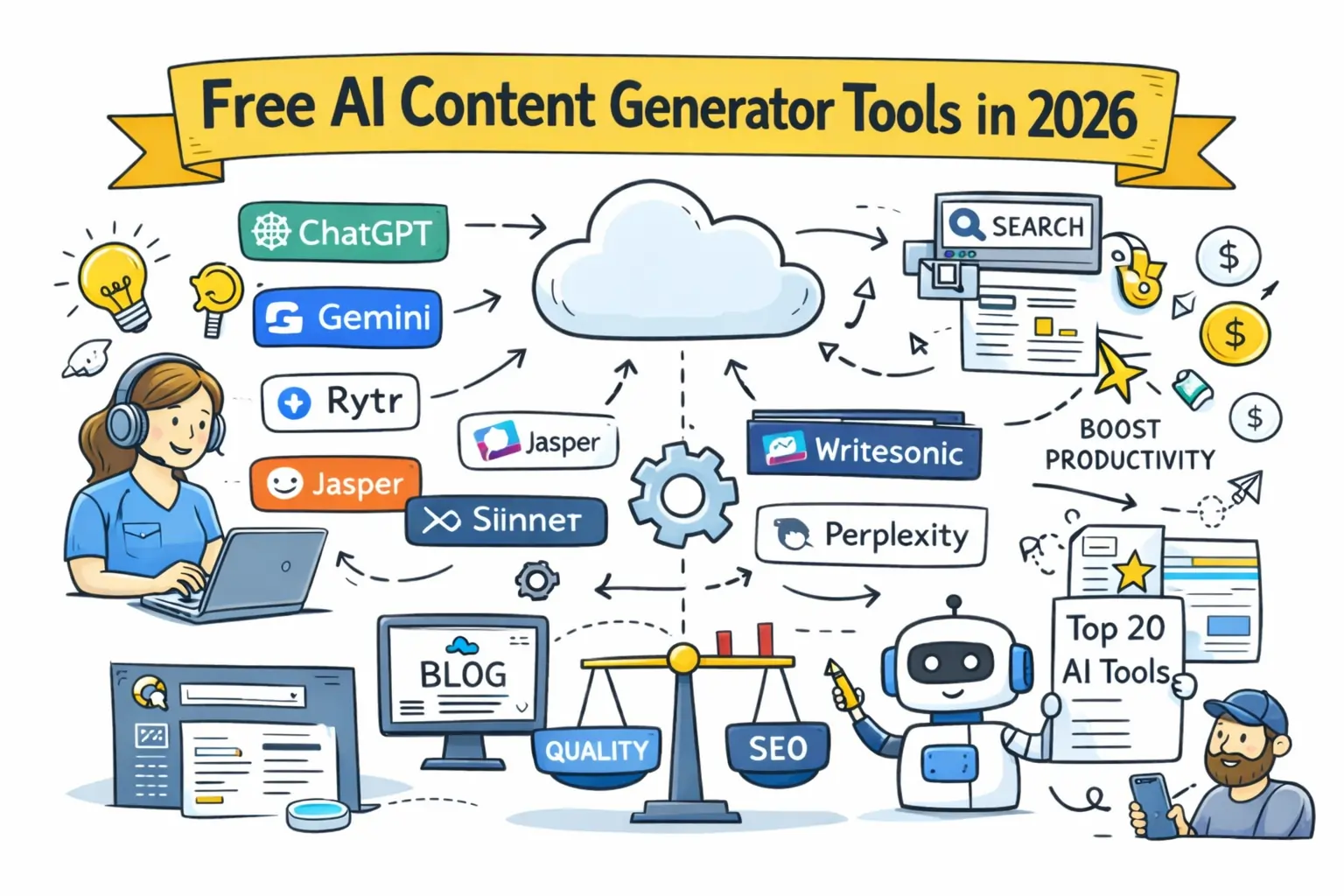 Free AI content generator tools in 2026 including ChatGPT, Gemini, Writesonic and Perplexity for SEO content creation